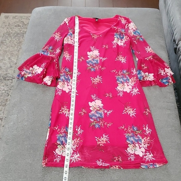 ALLISON BRITTNEY Pink Floral Mesh Overlay Bell Sleeve Dress SIZE: S - Picture 8 of 10